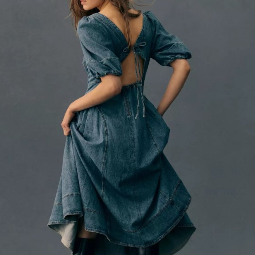 Pilcro Puff-Sleeve Seamed Denim Dress sz S NWOT